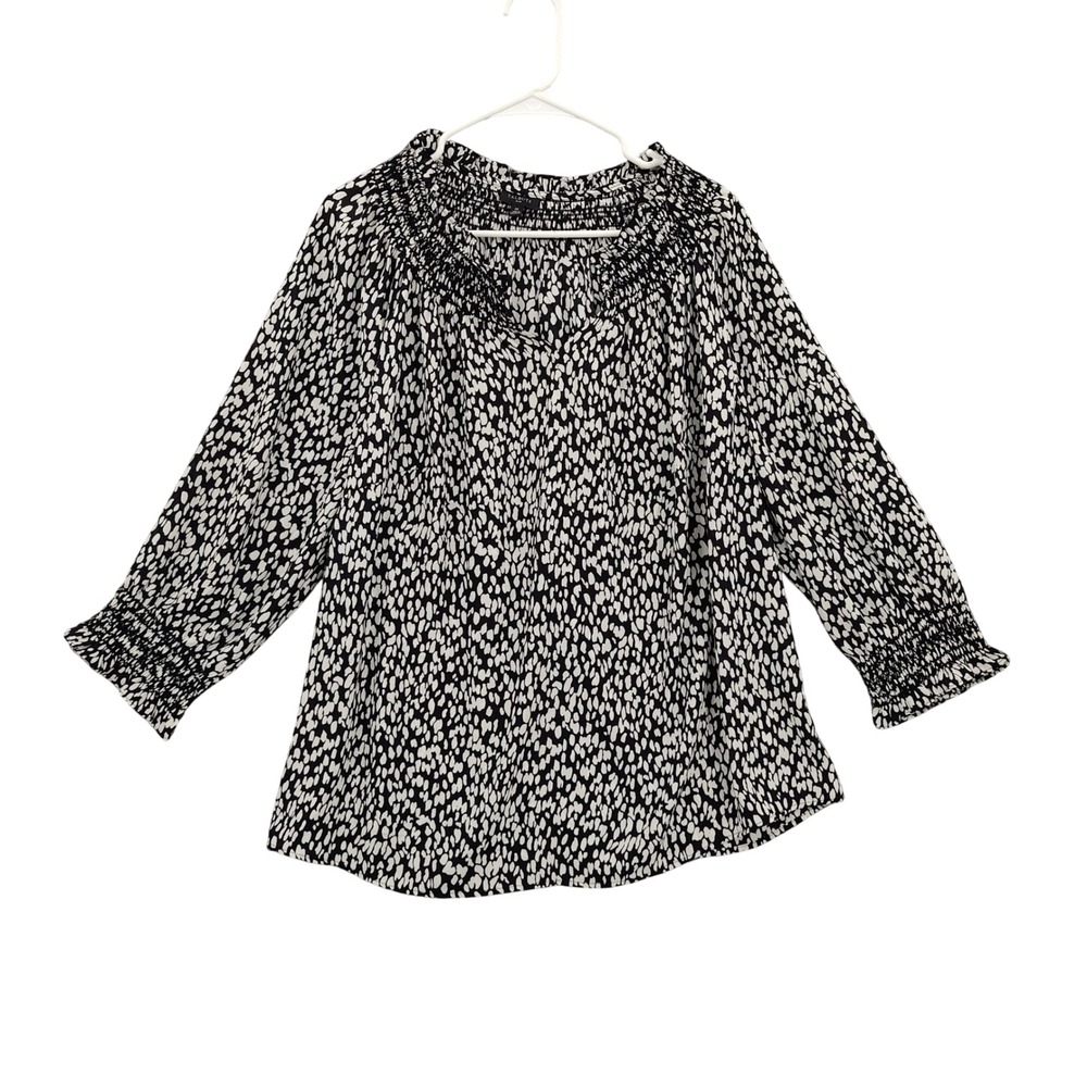 Talbots Women Plus 1X Blouse Smocked Neck Abstract Mature Black White 3/4 Sleeve